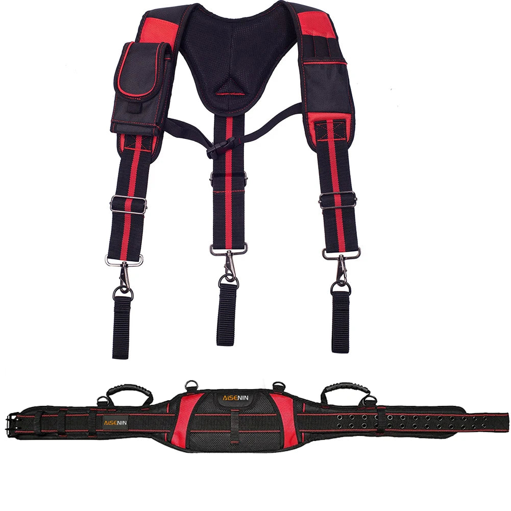 Black and red adjustable tool belt and suspenders with lumbar support
