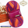 A ball of gradient dyed wool blend yarn featuring vibrant purple, orange, and pink hues.