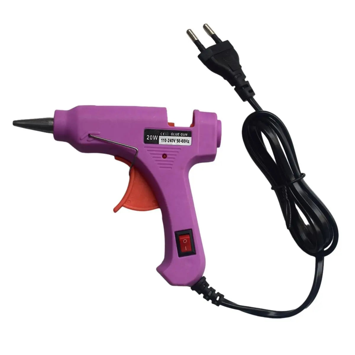 A purple hot melt glue gun with a stand and power cord is shown.