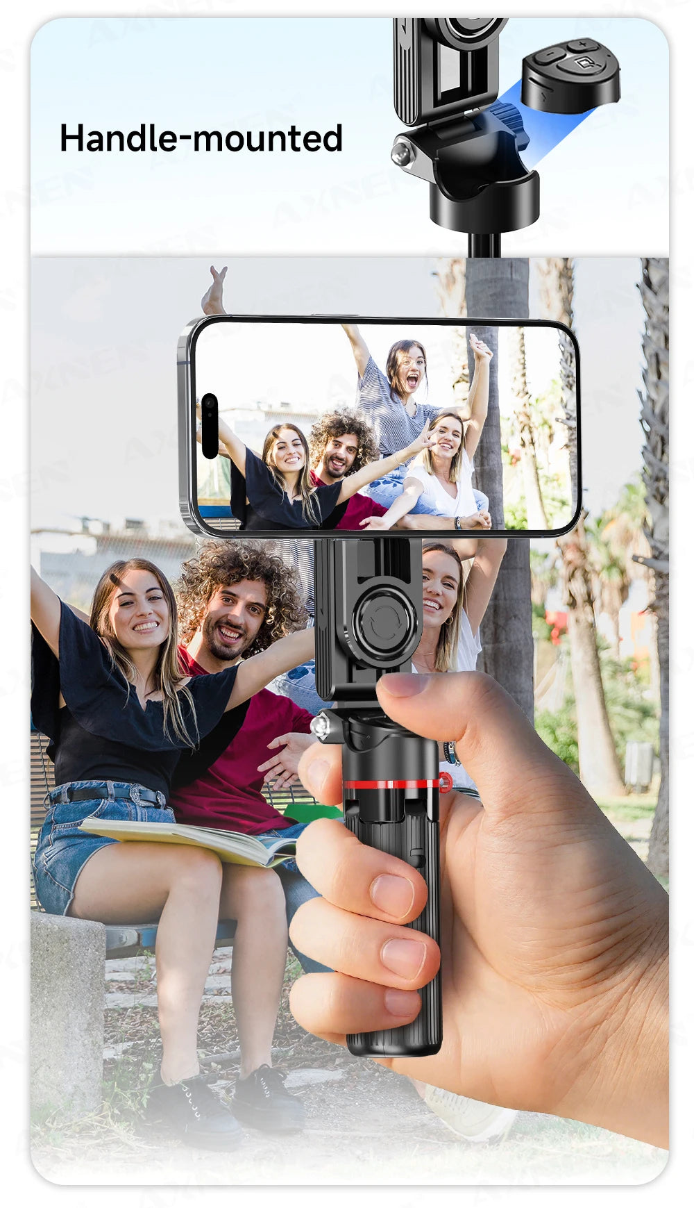 A hand-mounted magnetic selfie stick tripod with a fill light is used to take a group photo outdoors.