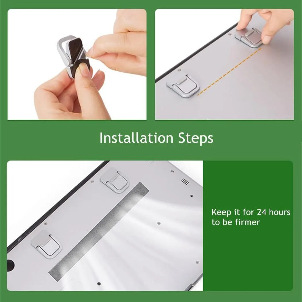 Installation steps showing how to attach a minimal aluminum laptop riser using adhesive mounting pads.