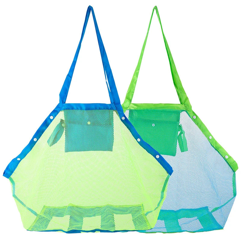 A large mesh beach and pool tote bag in lime green and blue.