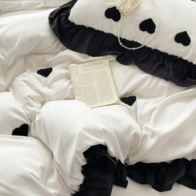 Black Heart Embroidered Duvet Cover Set — 3-Piece Bedding Collection