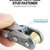 A hand holds a double-row fixed stud fastener, showing the fixed button mechanism.