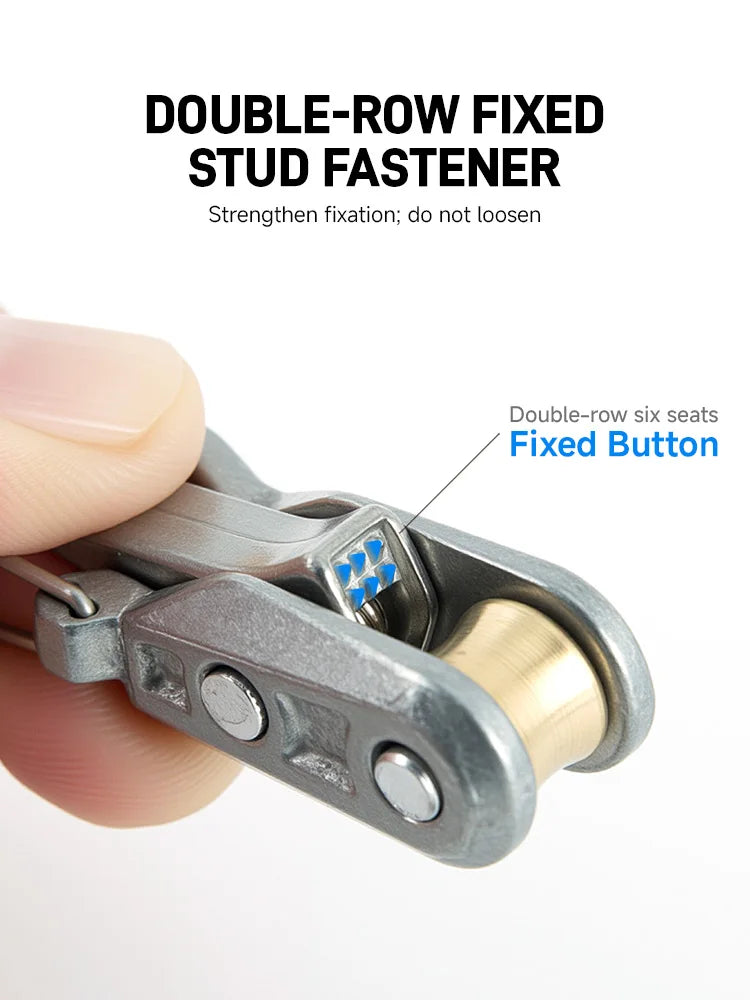 A hand holds a double-row fixed stud fastener, showing the fixed button mechanism.