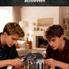 Two young men work together on a DIY wooden book nook kit featuring dragon treasure labyrinth bookshelf decor.