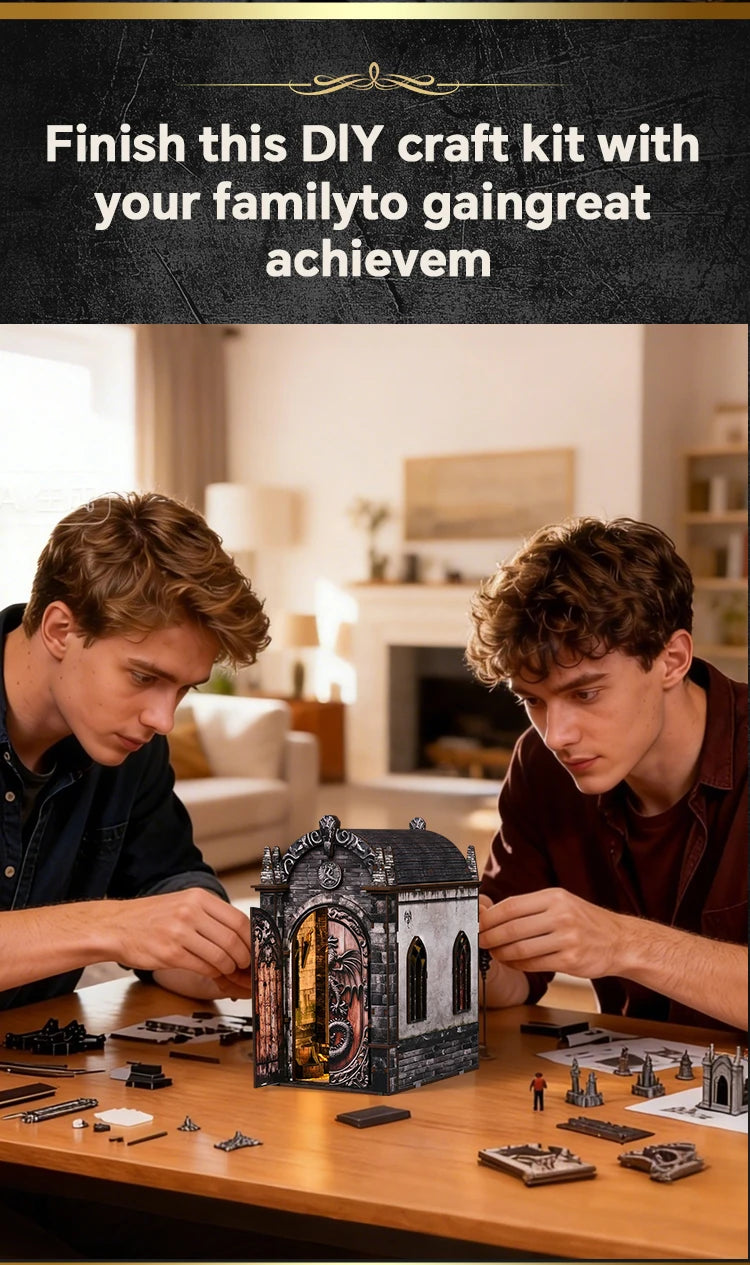 Two young men work together on a DIY wooden book nook kit featuring dragon treasure labyrinth bookshelf decor.