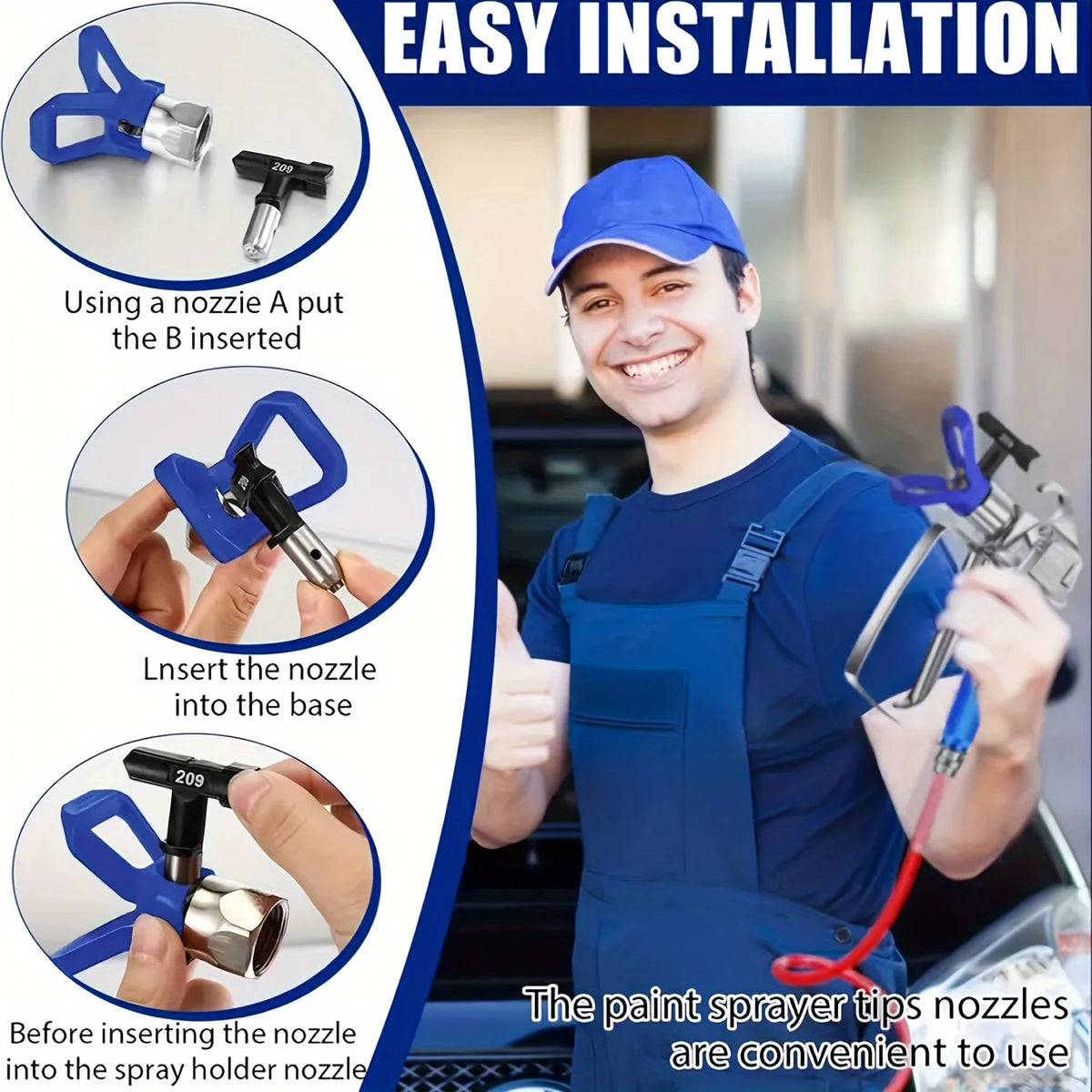 A man demonstrates the easy installation of paint sprayer tips onto a spray holder nozzle.
