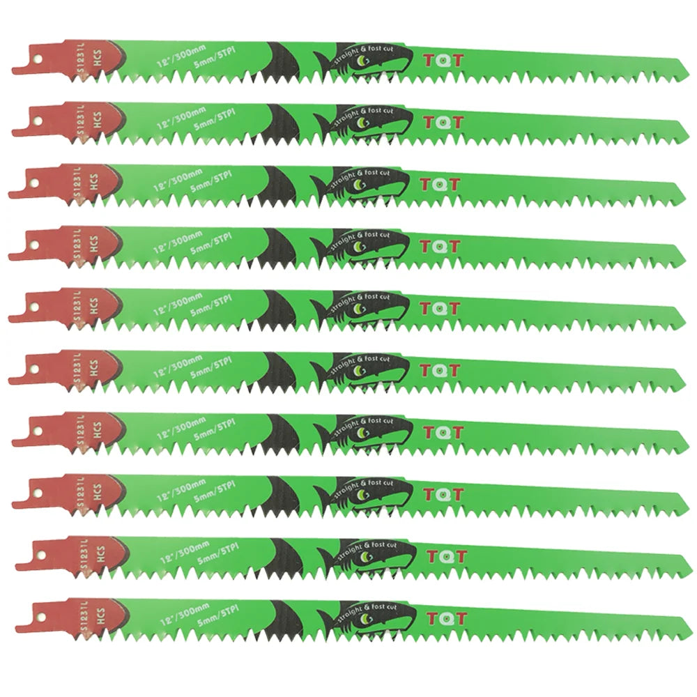 A set of ten 1/2 inch reciprocating saw blades with green handles and black blades for wood and PVC cutting.
