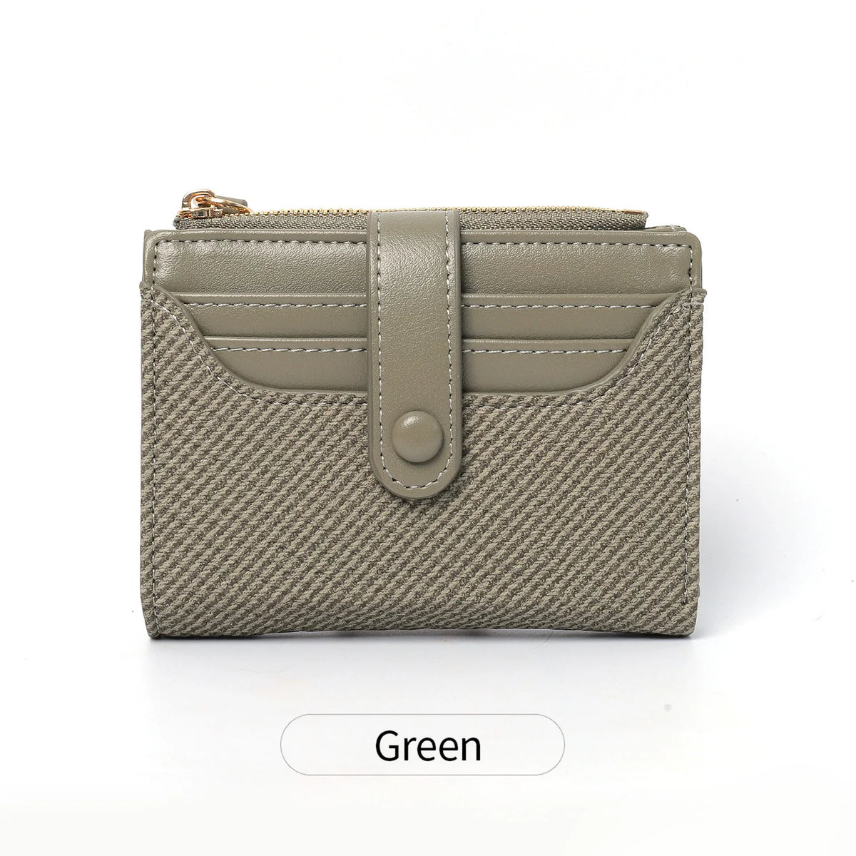 A light olive green bi-fold wallet made of premium PU leather with a textured finish.