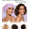 A purple silk satin sleep bonnet for hair protection shown on a model and various hair textures.