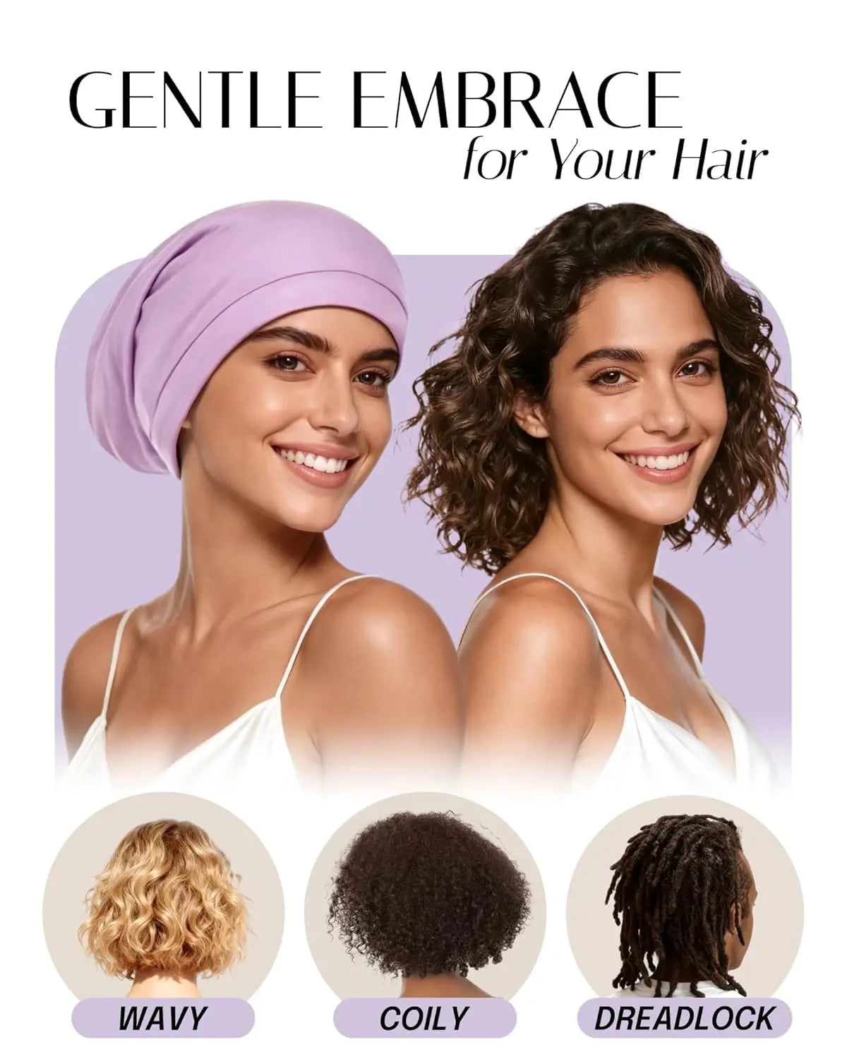 A purple silk satin sleep bonnet for hair protection shown on a model and various hair textures.