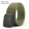 A close-up view of a olive green tactical nylon belt with a black buckle and a woven texture.