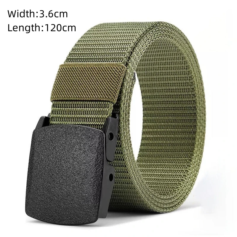 A close-up view of a olive green tactical nylon belt with a black buckle and a woven texture.
