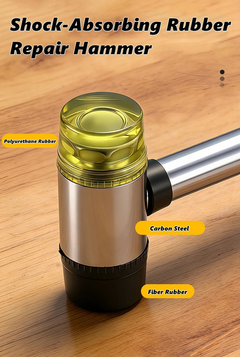 A shock-absorbing rubber repair hammer featuring polyurethane rubber, carbon steel, and fiber rubber components.