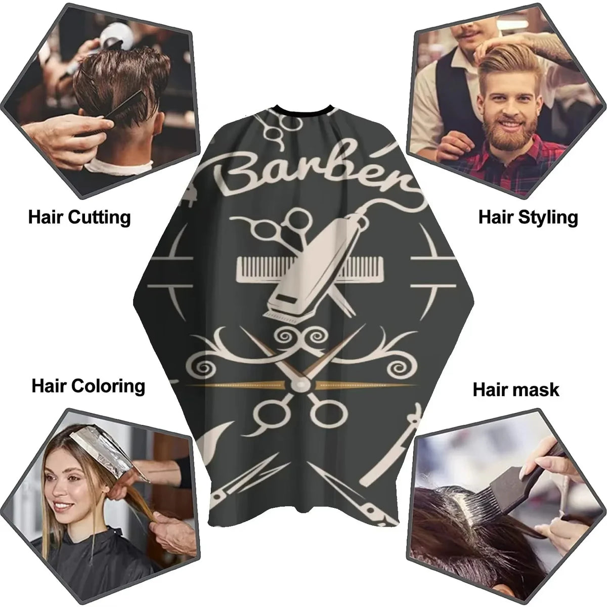 A black waterproof hair cutting cape featuring various barber tools and styling imagery.