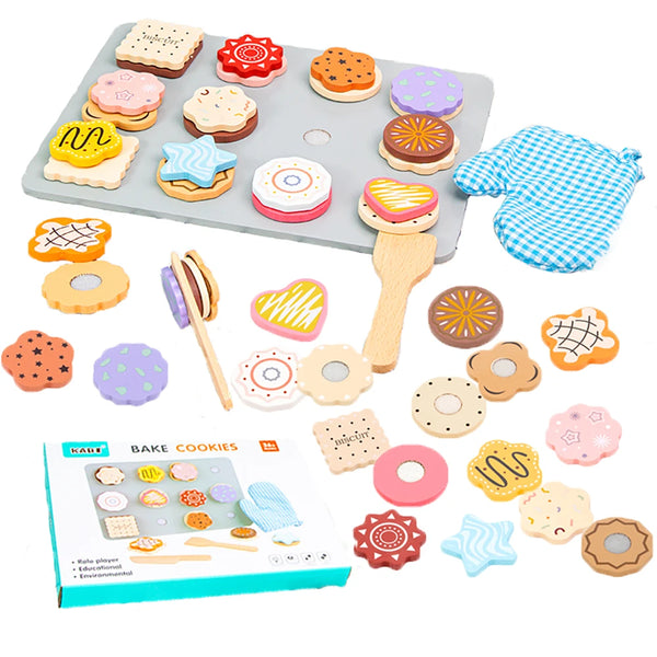 A wooden cookie play food set featuring various cookies and baking accessories on a gray tray.