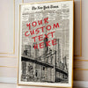 Framed print of The New York Times newspaper featuring a large red text box that reads YOUR CUSTOM TEXT HERE and an illustrat