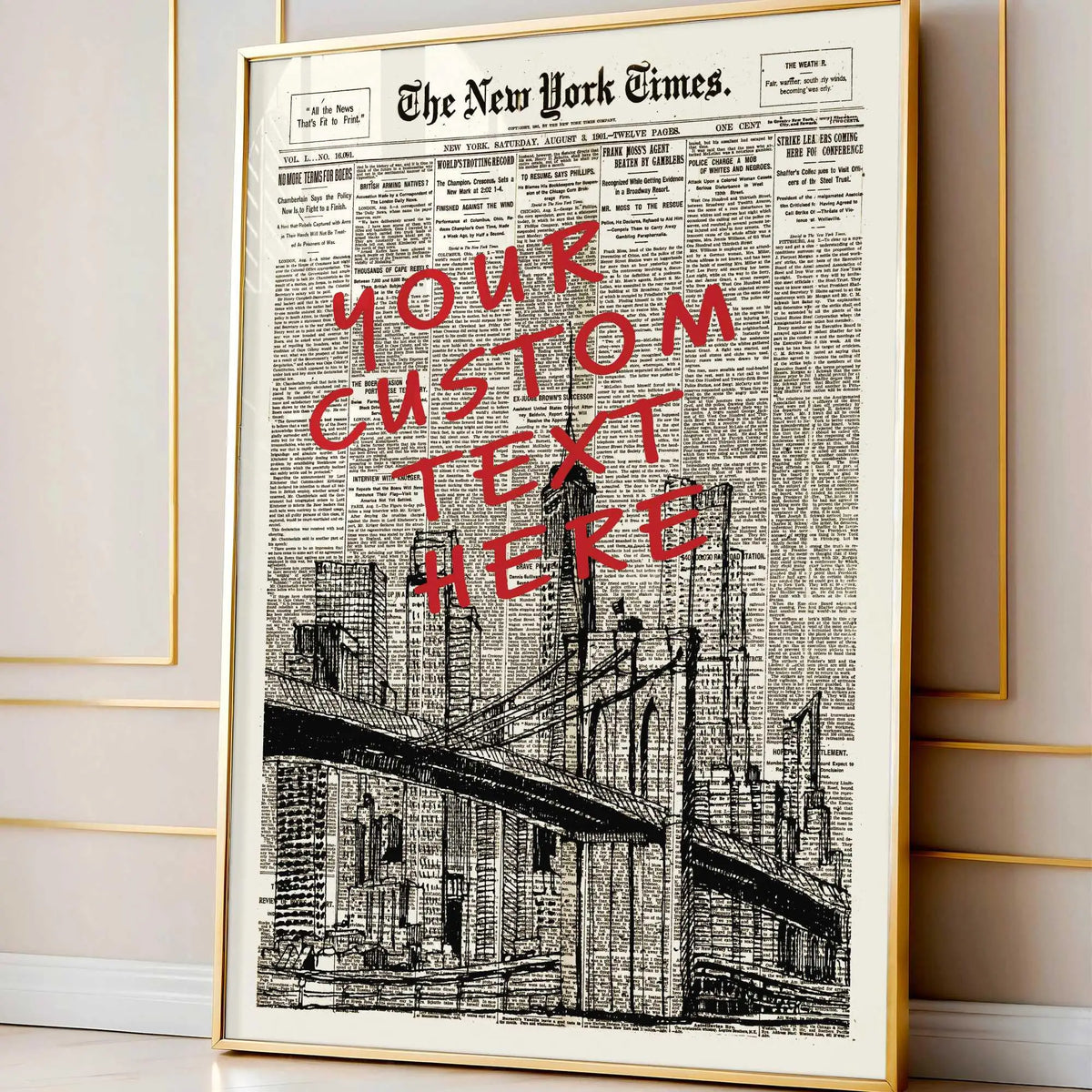 Framed print of The New York Times newspaper featuring a large red text box that reads YOUR CUSTOM TEXT HERE and an illustrat
