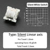 A white silent linear axis mechanical keyboard switch with a clear housing and detailed force curve graph.