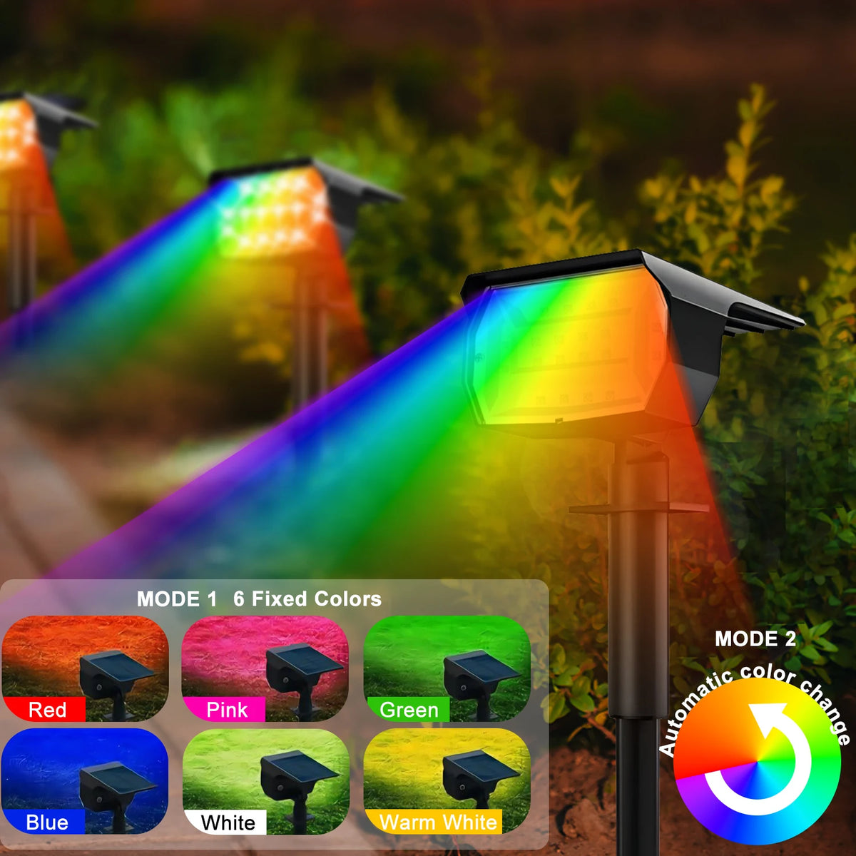 A solar powered landscape spotlight illuminates a colorful beam onto greenery, showing six fixed color modes.