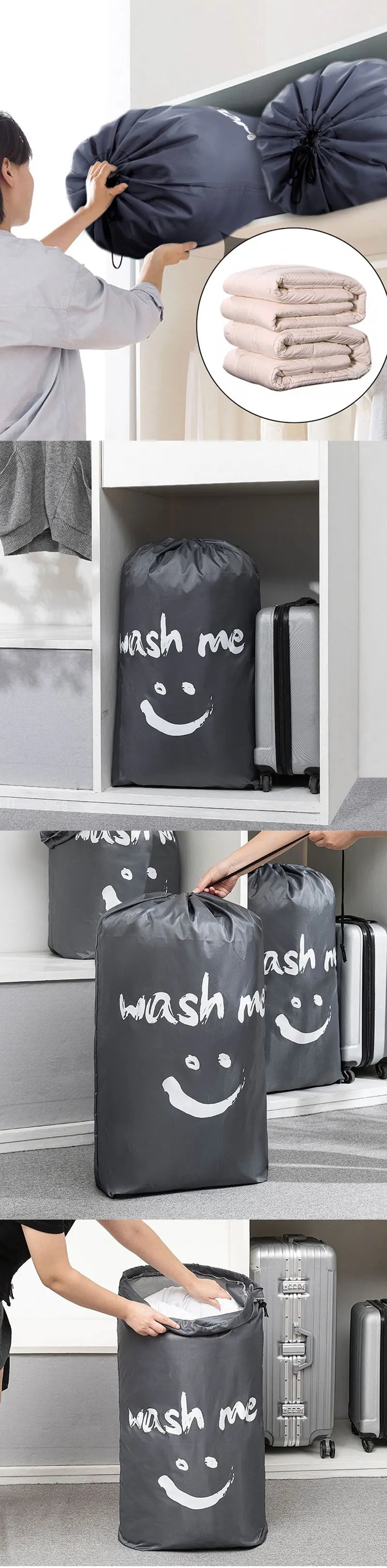 A large black drawstring laundry bag is shown being used for storage and travel.