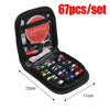 A black portable sewing kit set containing assorted needles and various tools.