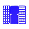 A blue plastic clothes folding board with multiple circular holes for organizing shirts and t-shirts.