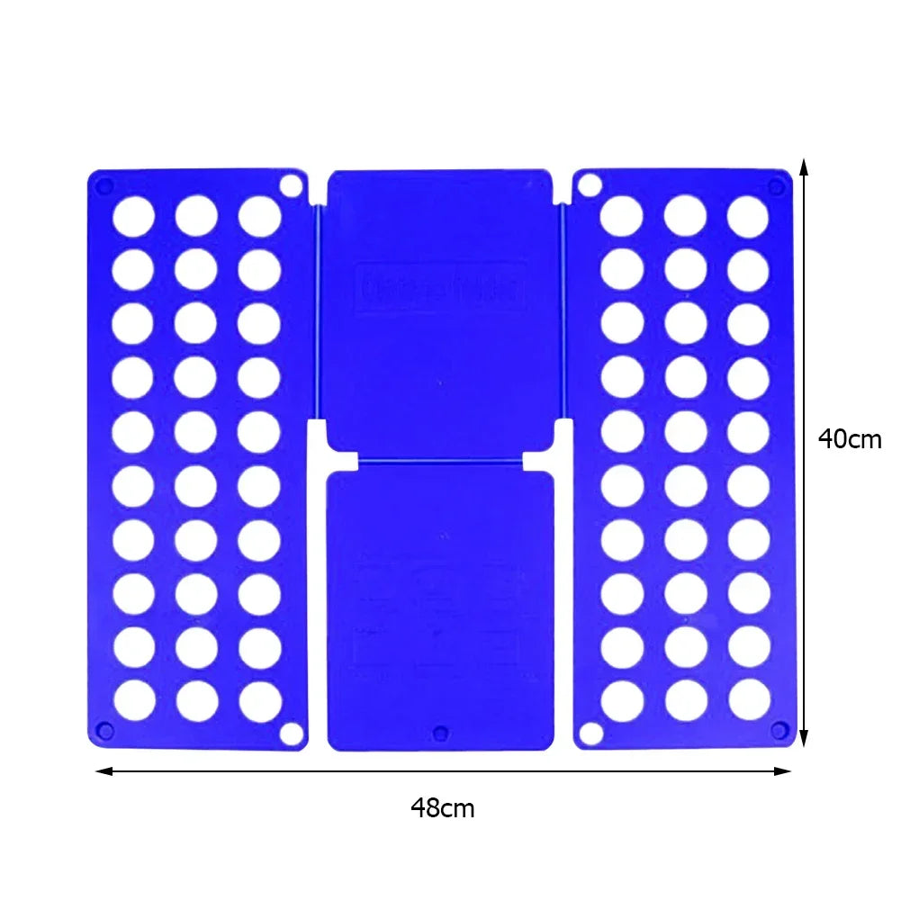 A blue plastic clothes folding board with multiple circular holes for organizing shirts and t-shirts.