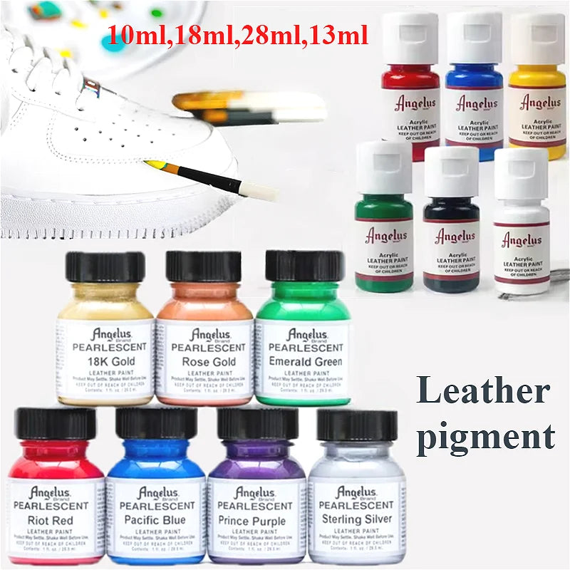 A collection of Angelus leather pigment dyes in various colors including gold, rose, green, blue, purple, and silver bottles.
