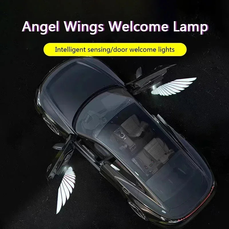 Angel Wings Welcome Lamp illuminating a car with wing-shaped lights