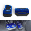 Two blue aluminum non-slip pedal covers for a vehicle, shown in both packaged and installed forms.