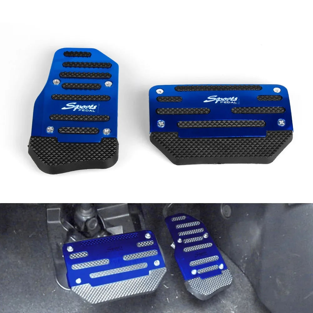 Two blue aluminum non-slip pedal covers for a vehicle, shown in both packaged and installed forms.