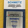 A package of Schmetz Universal needles, labeled 130/705 H and 70/10, is shown in a clear plastic container.