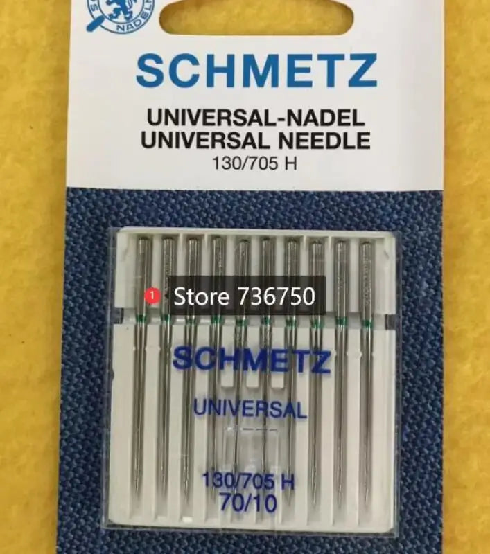 A package of Schmetz Universal needles, labeled 130/705 H and 70/10, is shown in a clear plastic container.