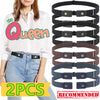 A set of four black and brown elastic belts with buckles displayed next to a woman wearing a white shirt and jeans.