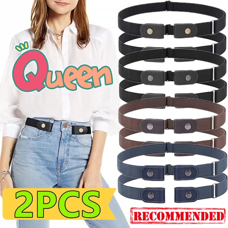 A set of four black and brown elastic belts with buckles displayed next to a woman wearing a white shirt and jeans.