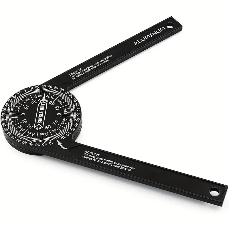 Black aluminum miter saw protractor with laser-engraved scales for accurate joint cuts