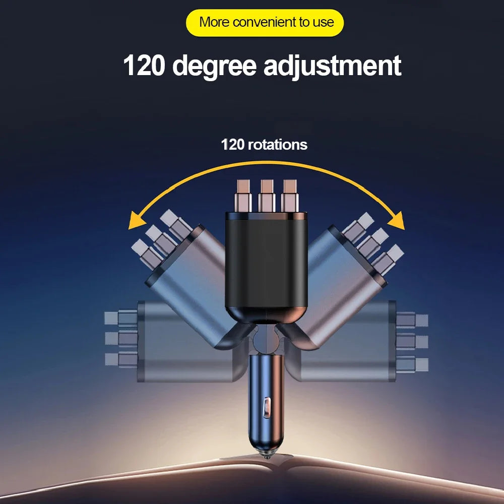7-in-1 120W Car Charger with Retractable Cables and Digital Voltmeter