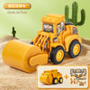 A yellow diecast construction vehicle set featuring a truck and an excavator/bulldozer, displayed on sand.