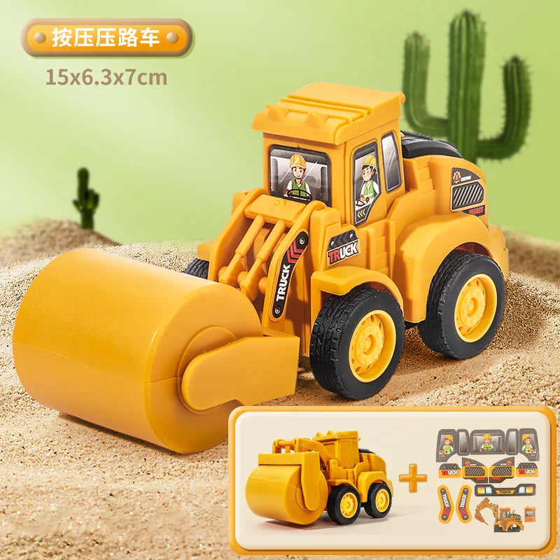 A yellow diecast construction vehicle set featuring a truck and an excavator/bulldozer, displayed on sand.