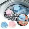 Pink and blue silicone lint and hair catcher filter bags shown inside a washing machine drum.