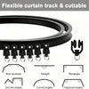 Black flexible curtain track system with various bendable angles including bow, straight, rectangle, and trapezoid shapes