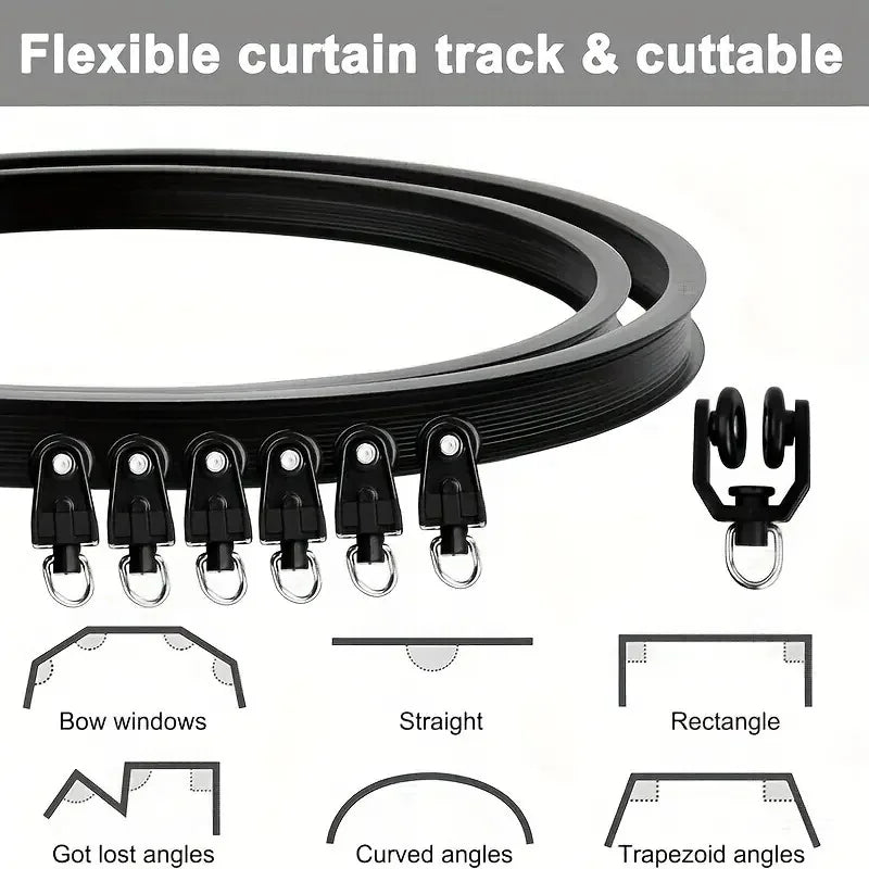 Black flexible curtain track system with various bendable angles including bow, straight, rectangle, and trapezoid shapes