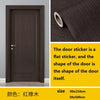 A dark brown wood grain door sticker is shown next to a rolled-up piece of the same material, with size specifications.