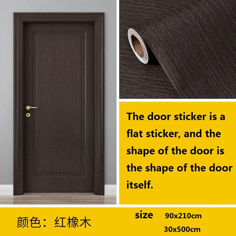 A dark brown wood grain door sticker is shown next to a rolled-up piece of the same material, with size specifications.