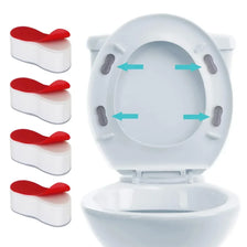 A set of four silicone toilet seat bumpers with red and white grips shown in various angles.