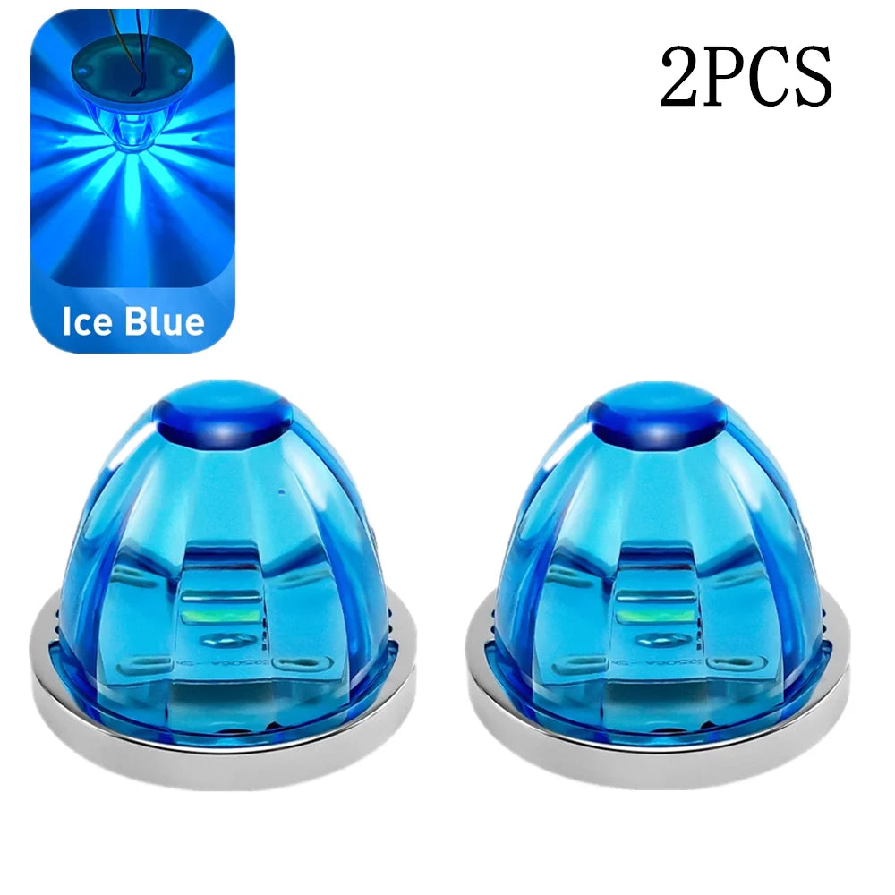 Two blue LED side marker lights with a ice blue glow and silver bases