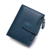 A dark teal genuine leather RFID blocking bi-fold wallet shown from above.