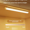 A long, white LED light bar is installed under a cabinet, demonstrating nonpolar dimming from bright to dark settings.